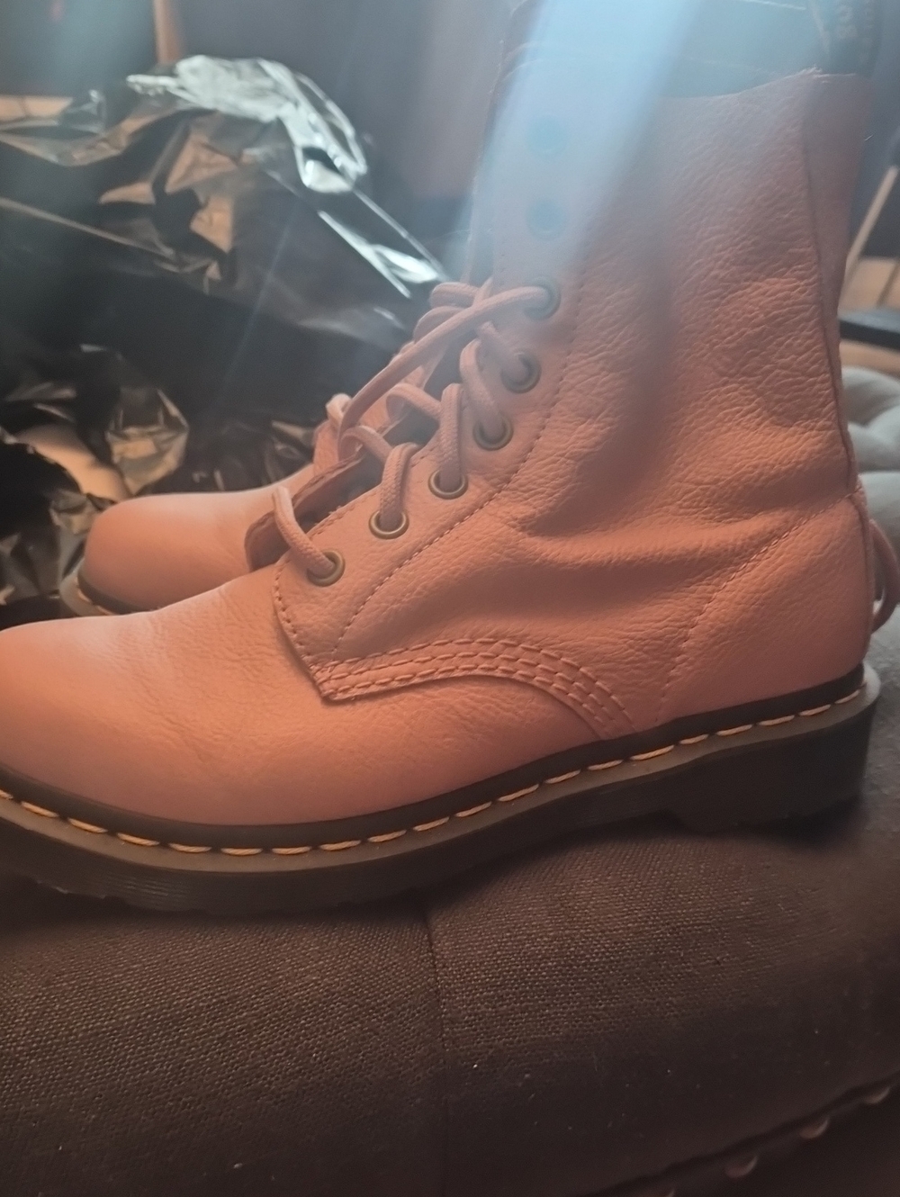 Dr. Marten Women's Pink Leather Combat Boots with Classic Stitching